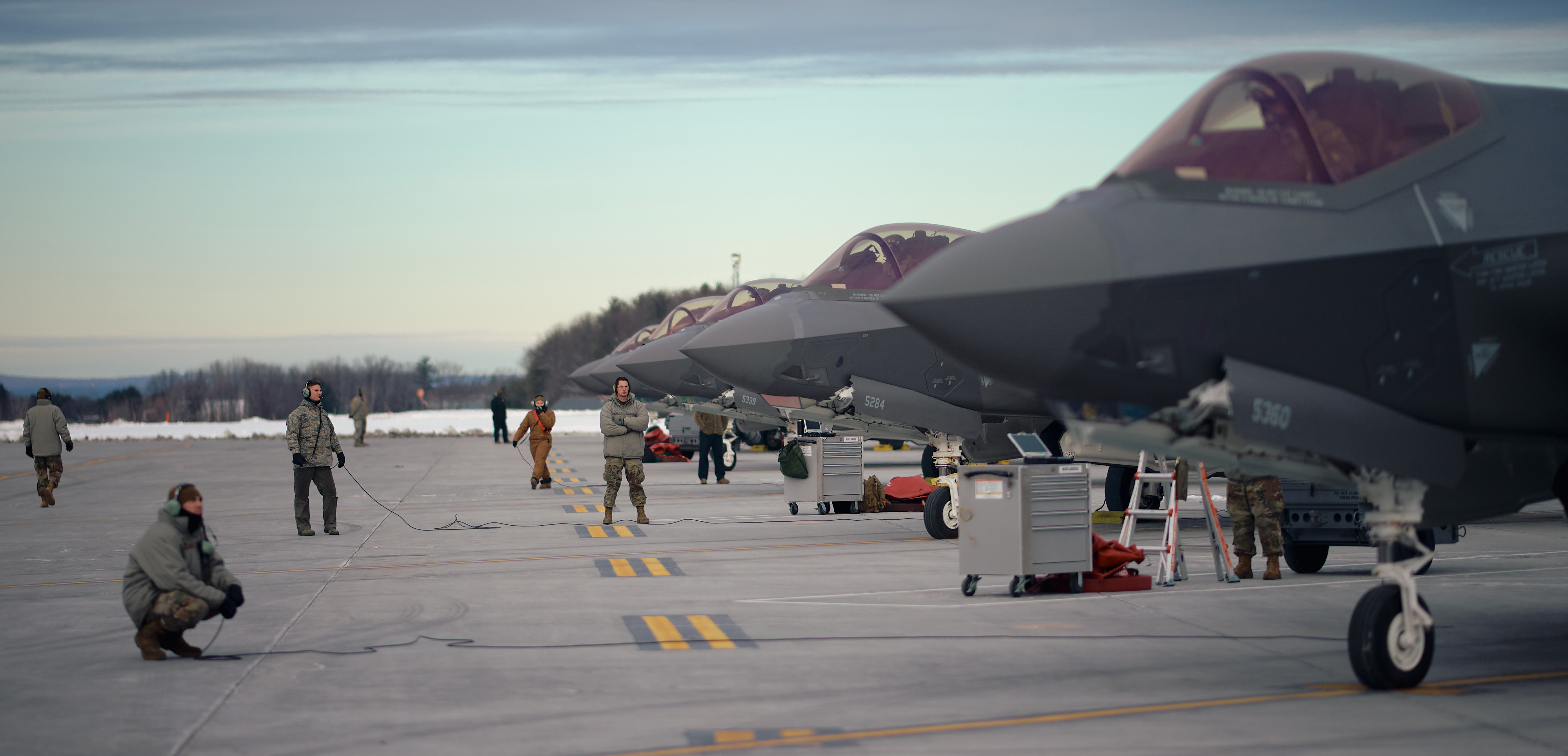 Pilots, crew chiefs and maintainers assigned to the Vermont Air National Guard's 158th Fighter Wing launch F-35A Lightning II Joint Strike Fighters from South Burlington Air National Guard Base, Vermont, Jan. 9, 2021. The Jan. 9 drill was conducted as a routine training mission, with the aircraft flying various simulated missions over military operating areas. (U.S. Air National Guard photo by Tech. Sgt. Ryan Campbell)